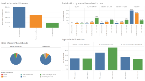 Graphs indicating different demographic characteristics of VHFA renters