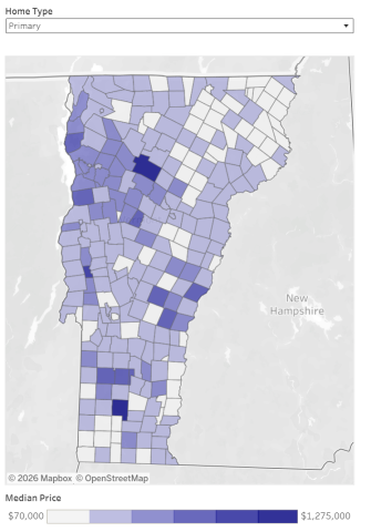 Map of median primary home sales prices in Vermont by town, 2025